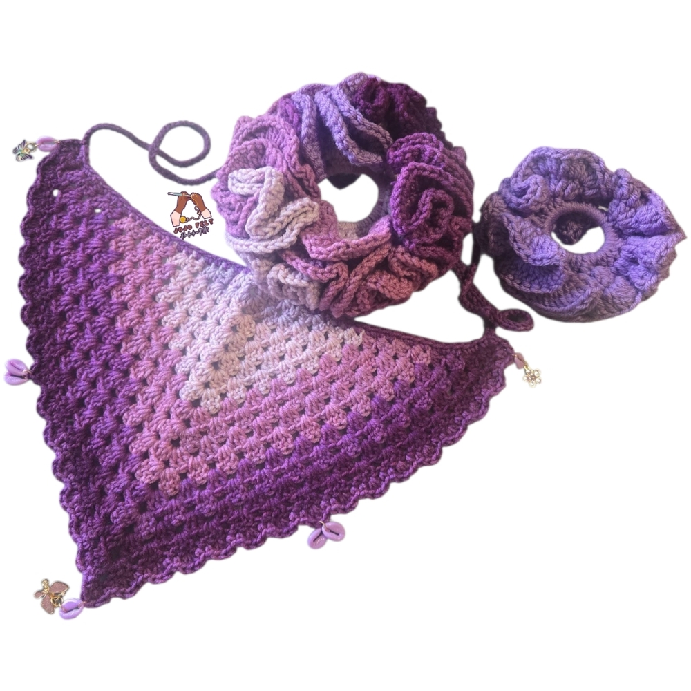 Purple Ombre Scallop/Charm Edge Bandana & Ruffle 3D/4D Scrunchie Set, Adult